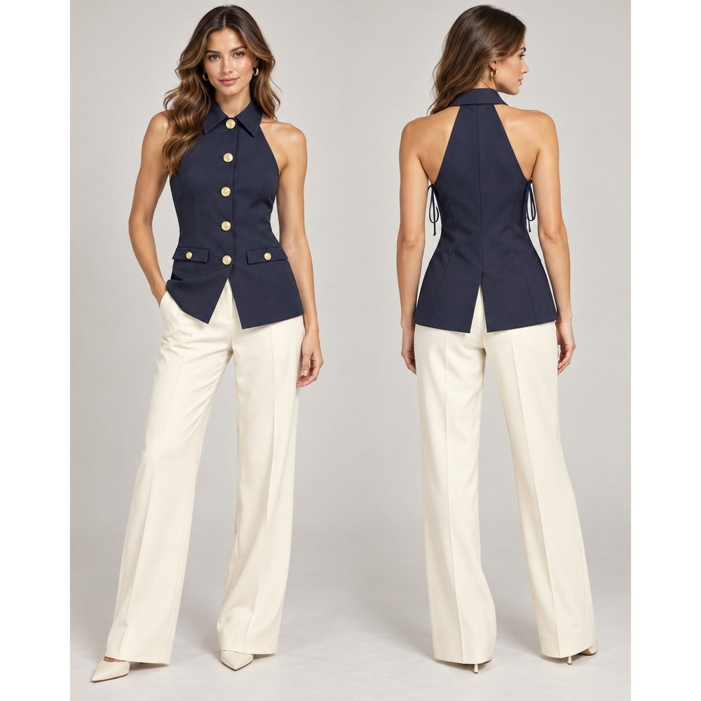 Nicole Miller Artelier Navy Blue Halter Vest Gold Crest Buttons Small TE34016CHU
